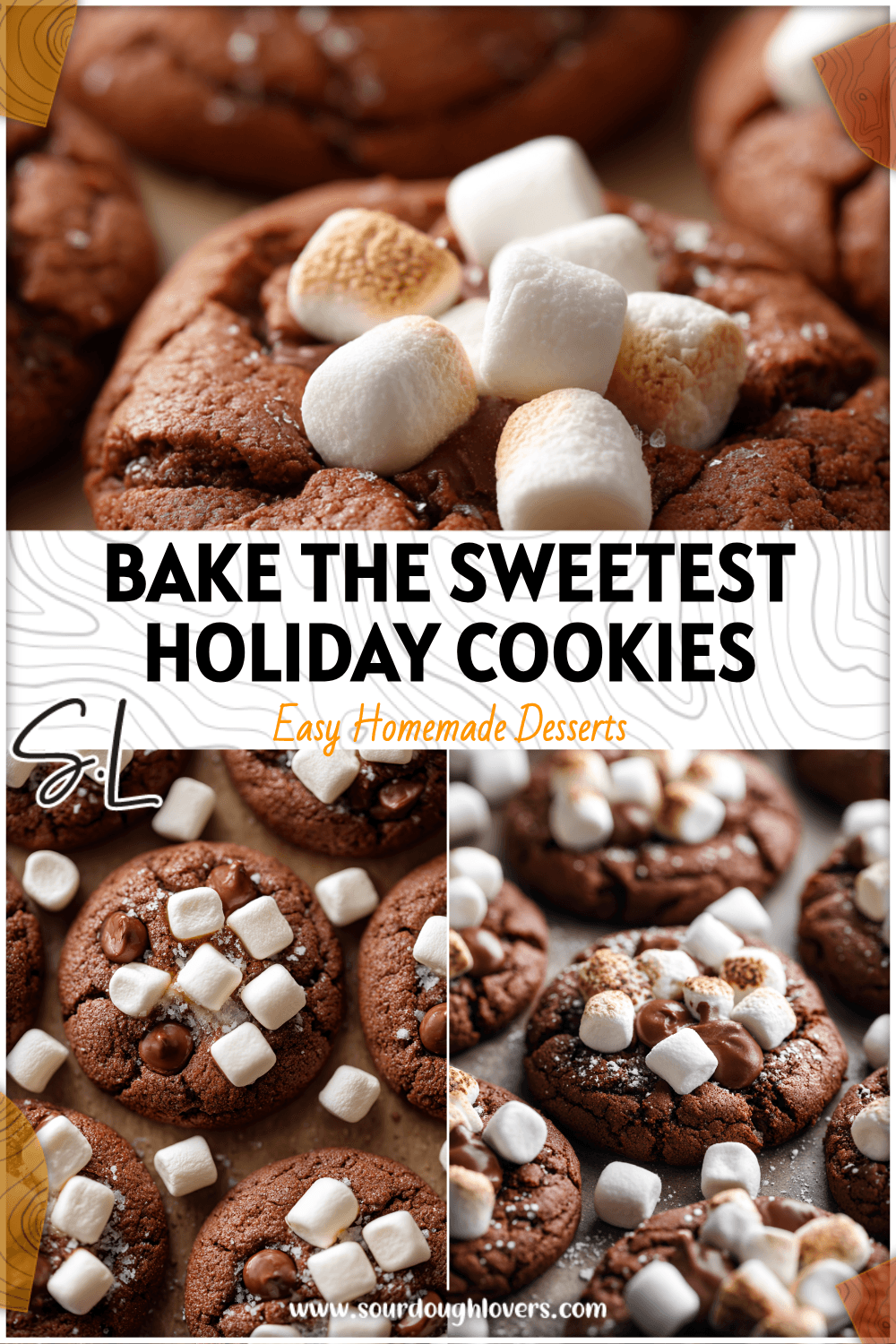 Festive tray of homemade Hot Cocoa Cookies topped with marshmallows for Christmas Desserts. 26